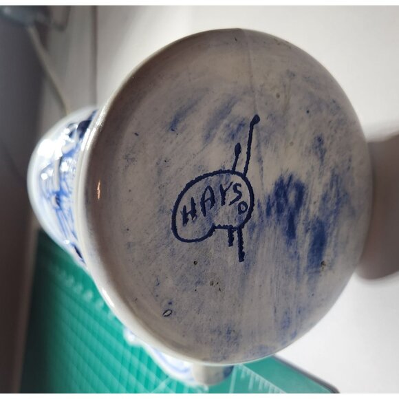 Vintage Blue & White Ceramic Stein mug Village Scene Hays Marked Base 6.5 Inches - Picture 3 of 4